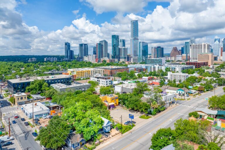 Aerial neighborhood and Austin skyline view at 1309 E 7th St, Austin, TX 78702